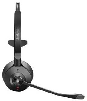 Čierna bezdrôtová headset so flexible mikrofonovou konzolou, označená logom 'Jabra', vhodná pre profesionálnu telefonickú komunikáciu a konferenčné hovory.