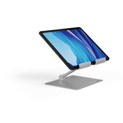 Tablet na nastaviteľnom stojane so strieborným podstavcom, displej zobrazuje modro-ružové pozadie.