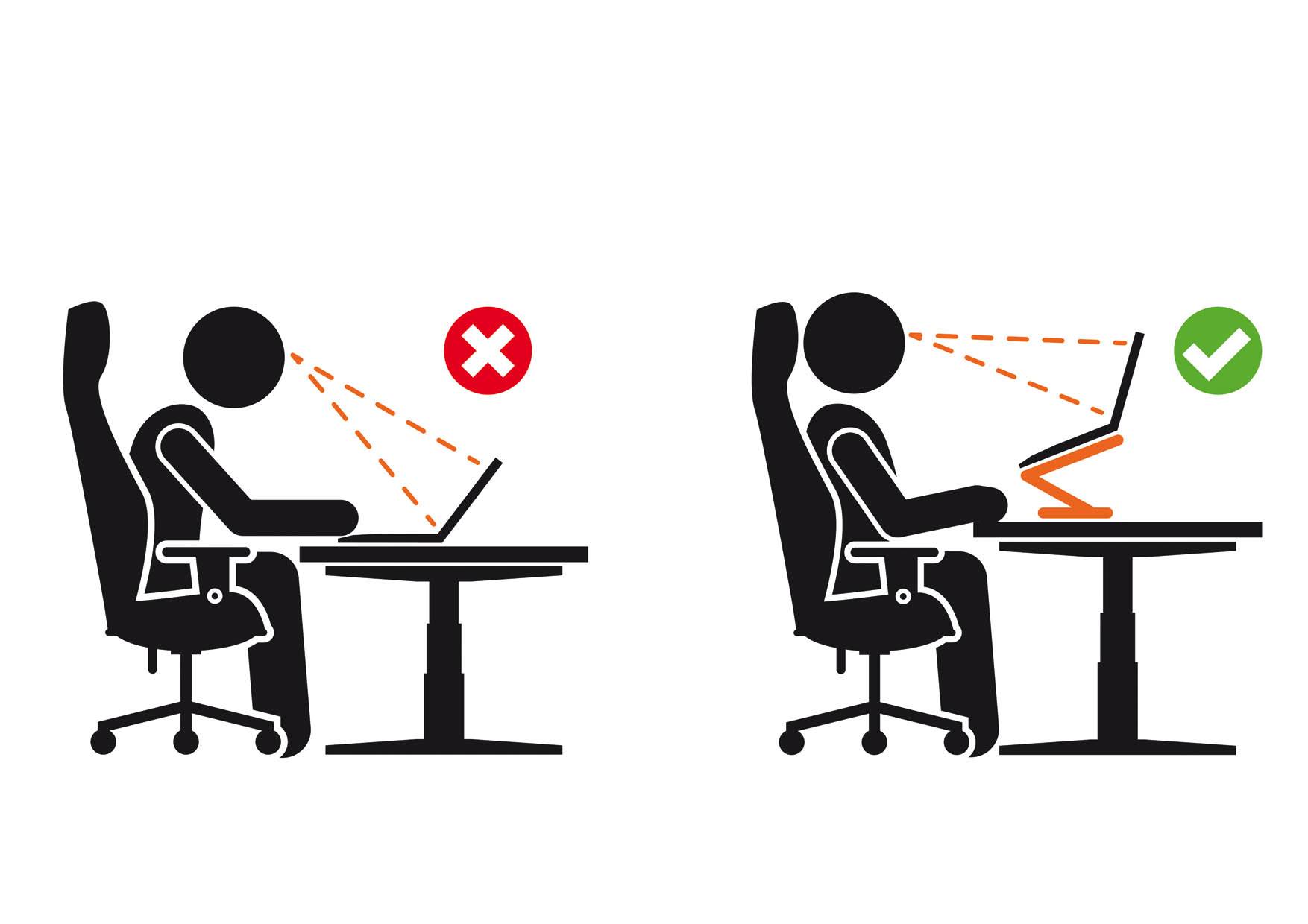 Vľavo: nesprávna sedacia poloha so zakrivením chrbta a nevhodnou výškou obrazovky. Vpravo: správna ergonómia s priamym chrbtom a optimálnou výškou monitora.