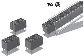 Obrázok viacerých čiernych elektronických súčiastok (relé) na svetlom pozadí, s logami značiek v pravom hornom rohu.