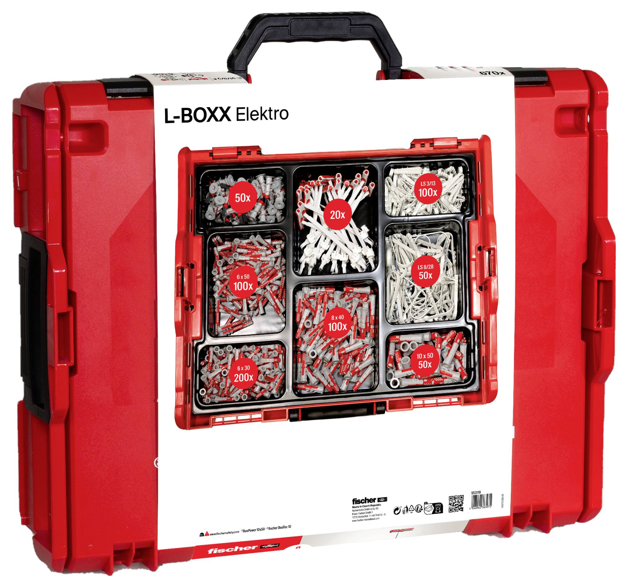 Červený kufrík na náradie s nápisom 'L-BOXX Elektro'. Obsahuje rôzne hmoždinky a skrutky v rôznych množstvách.