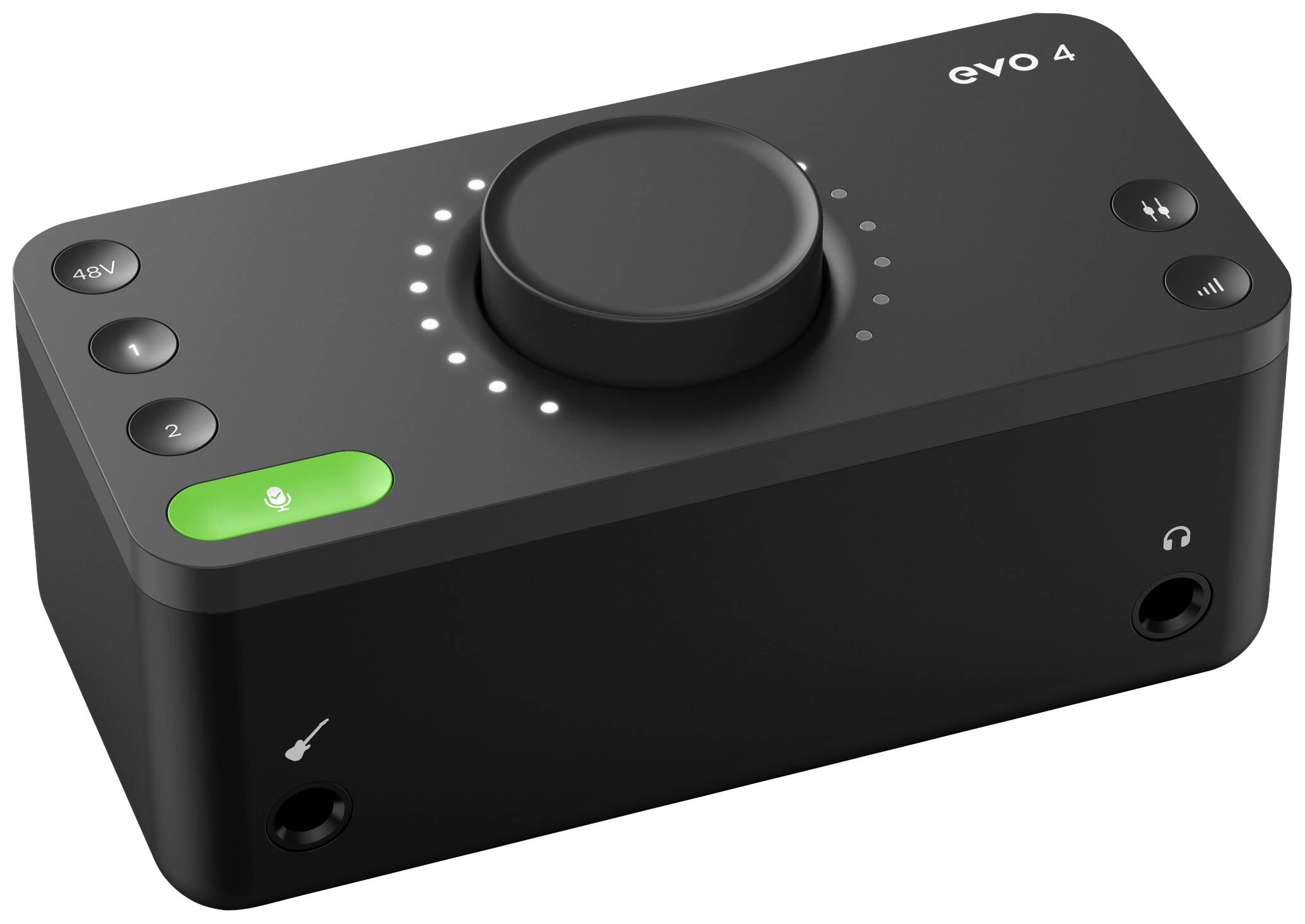Čierne audio rozhranie s otočnými ovládačmi a svietiacimi kontrolkami, viditeľný model 'evo 4'. Obsahuje vstupy pre nástroje a slúchadlá.