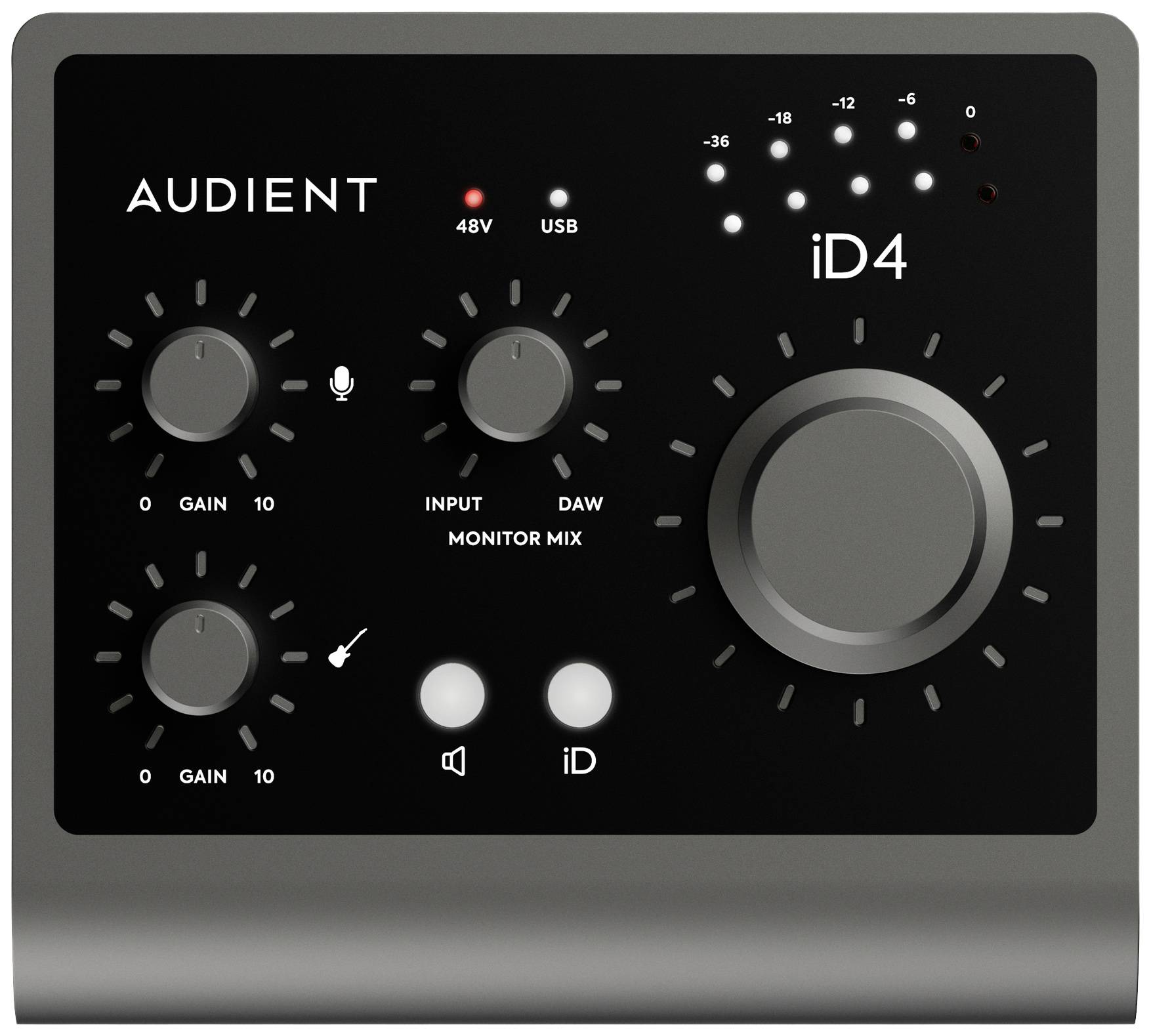 Čierne audio rozhranie Audient iD4 s viacerými ovládačmi na nastavenie zisku a monitora, vrátane indikátora USB pripojenia.