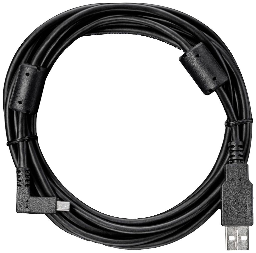 Dlhý čierny USB kábel s feritovými jadrami na oboch koncoch a micro-USB konektorom na ľavej strane.