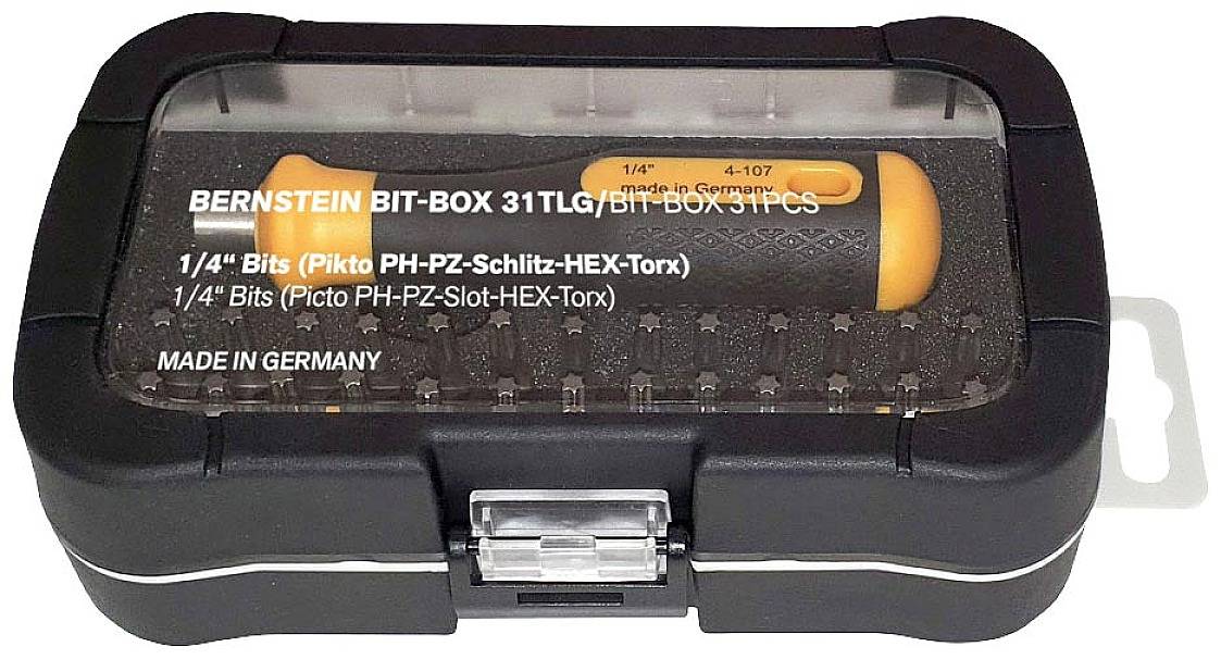Sada náradia so skrutkovačovou rukoväťou a 31 bitmi vrátane PH, PZ, plochých, HEX a Torx. Na obale je uvedené 'Made in Germany'.
