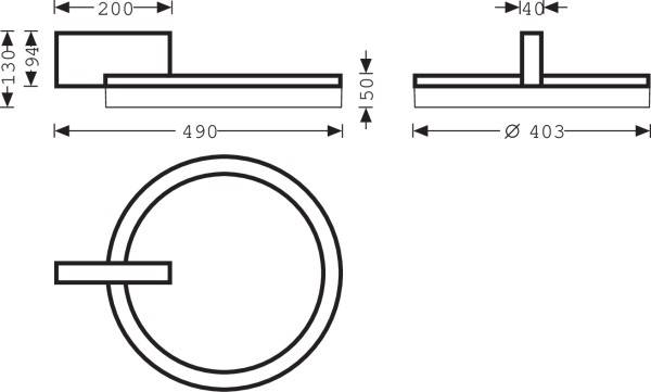 Technický výkres kruhovitého držiaka na uteráky s rozmermi: šírka 490 mm, výška 130 mm, priemer 403 mm.