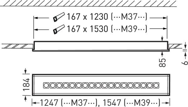 Technický výkres obdĺžnikového svietidla s rozmermi. Dĺžka variabilná: 1230 až 1530 mm, šírka: 184 mm, výška: 85 mm.