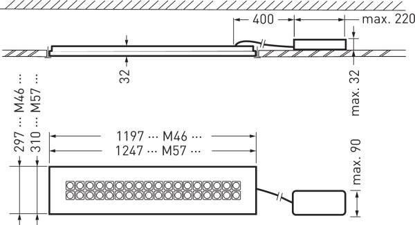 Technický nákres obdĺžnikového LED svietidla s rozmermi: dĺžka 1197 mm, šírka 297 mm, výška 32 mm; určené na montáž na strop.