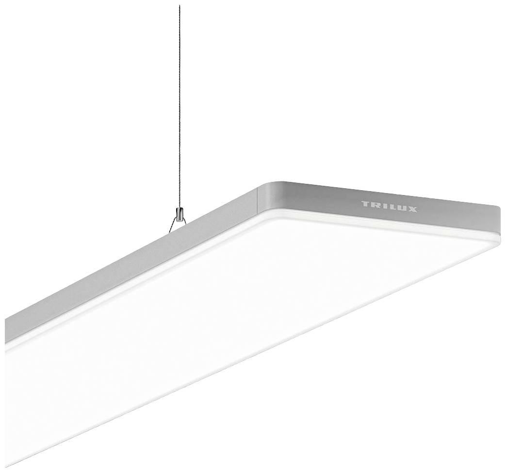 Obdĺžniková LED závesná lampa v modernom dizajne, zavesená na tenkých lanách. Biela svetelná plocha v striebornom ráme, značka 'TRILUX'.