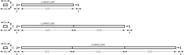 'Vlakový diagram s dĺžkami: 64 m, 1100 m, 1473 m, 1413 m. Úseky LL, WM, LL, WS. Dvojité konce L označené, symbol vlaku vľavo.'