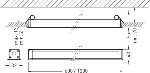 Technický výkres podlhovastého stropného svietidla s rozmermi. Montážna výška medzi 2 a 13 cm. Šírka: 600/1200 mm, výška: 55 mm.