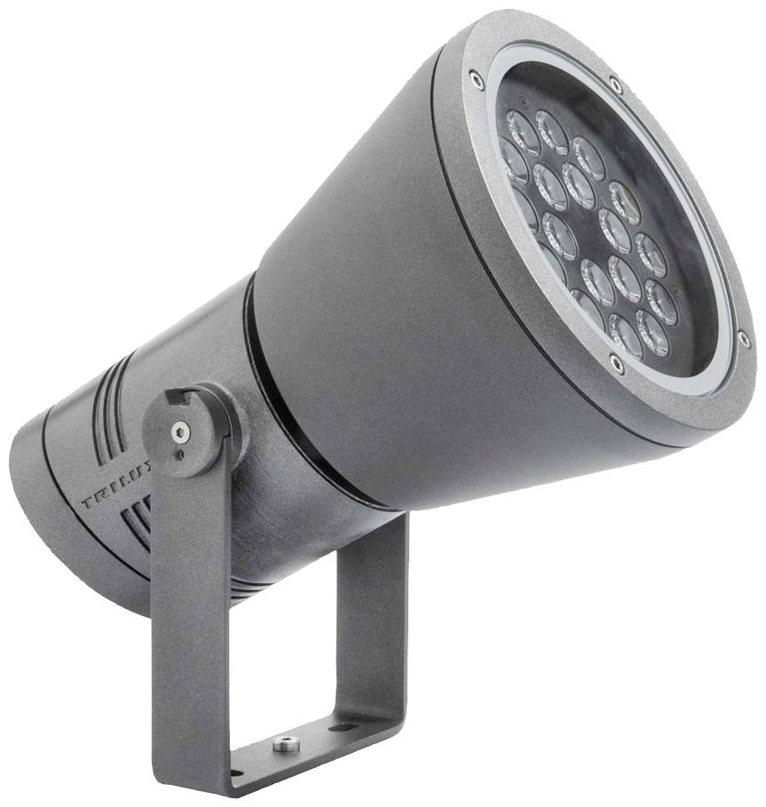 Čierny LED reflektor s nastaviteľným držiakom, vhodný pre vonkajšie osvetlenie. 15 LED svetiel viditeľných v okrúhlom kryte.