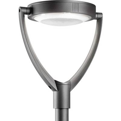 Obrázok zobrazuje modernú pouličnú lampu so svetelnou hlavicou kruhovitého tvaru a oblúkovitým stĺpom v sivej farbe.