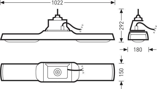Technický výkres svietidla s rozmermi: šírka 1022 mm, výška 292 mm a hĺbka 180 mm. Pohľad spredu a z boku.