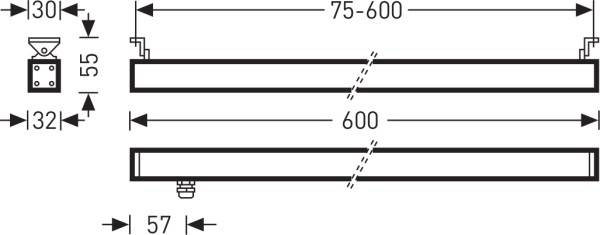 Výkres štruktúry svietidla s rozmermi: dĺžka 600 mm, šírka 57 mm, výškové rozdiely 55 mm a 32 mm na koncoch.