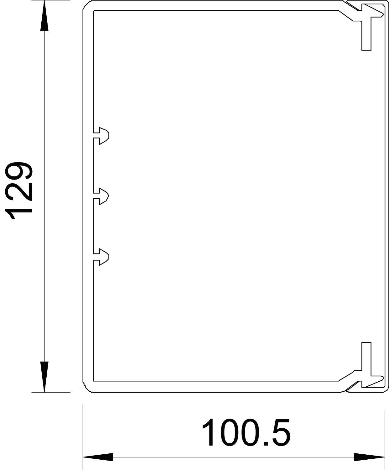 Technický výkres: Obdĺžnikový rám s dĺžkami strán 129 mm a 100,5 mm. Obsahuje malé zápuchy na jednej strane.