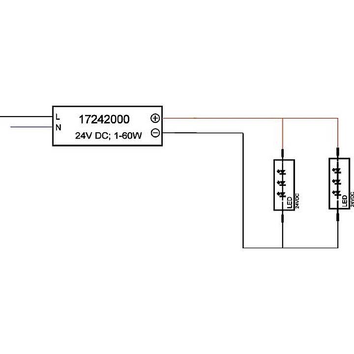 Schéma znázorňuje LED driver (17242000, 24V DC, 1-60W), ktorý napája dva paralelné LED pásy, prepojené príslušnými odpormi.