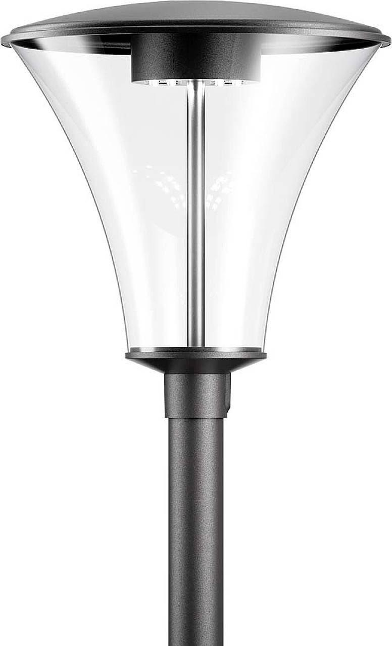 Moderná pouličná lampa so svetlým sklom a štíhlou čiernou tyčou.
