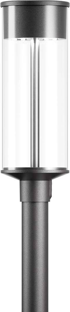 Moderná čierna záhradná lampa s priehľadným valcovitým tienidlom, upevnená na štíhlom kovovom stĺpiku.