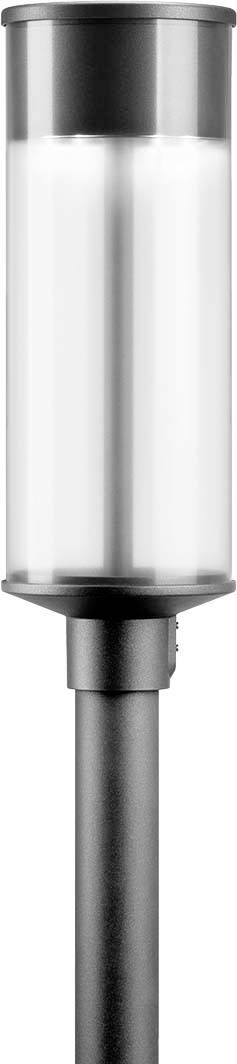 Moderná stojanová lampa s valcovým, priehľadným tienidlom a čiernou základňou, vhodná pre jednoduché, súčasné priestory.