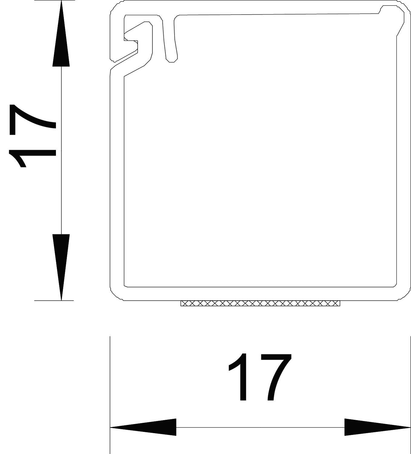 Priečny rez štvorcového hliníkového profilového krytu, rozmery: 17 x 17 mm. Obsahuje ohyb a vodiaci žľab.