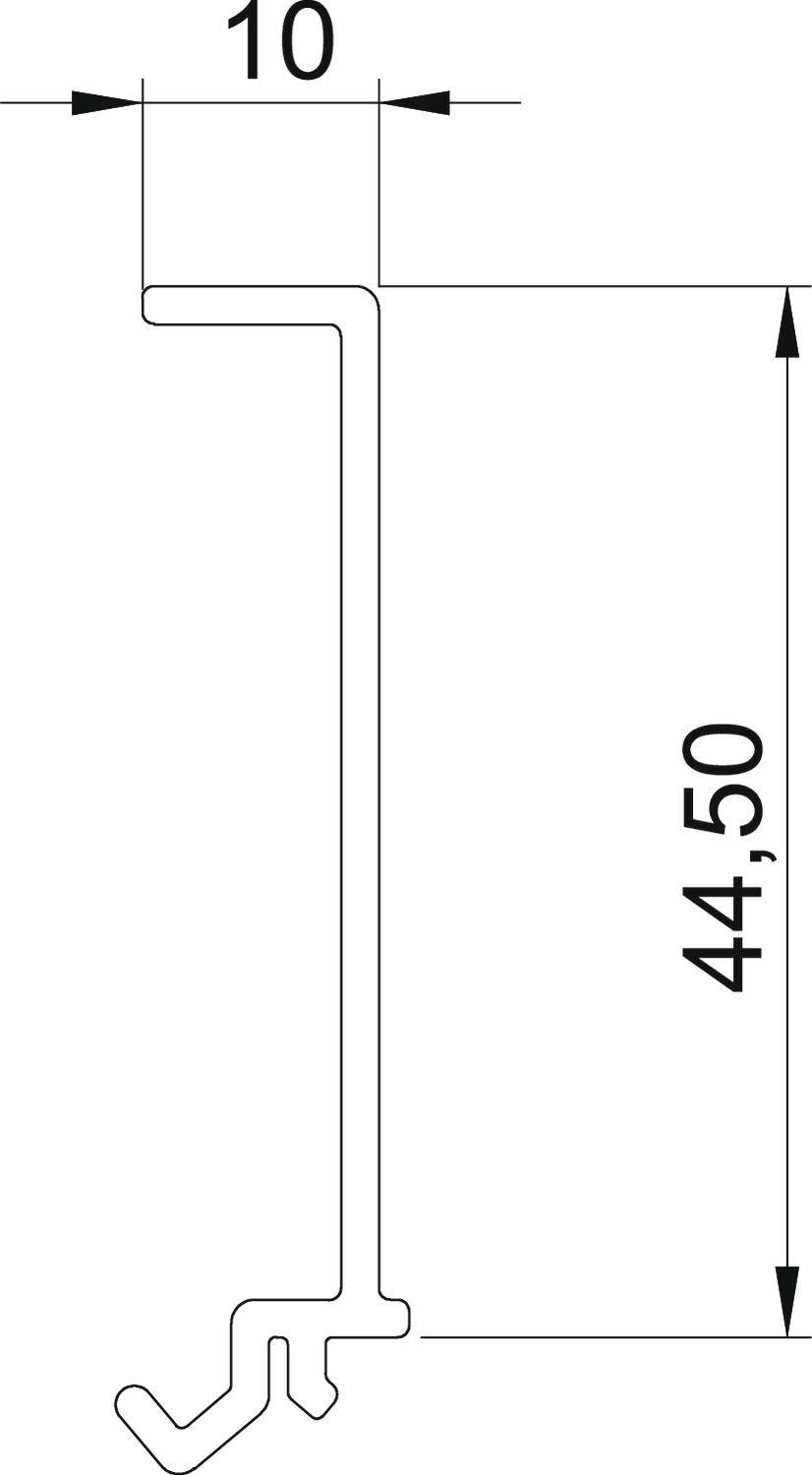 Priečny rez kovovej profilovej lišty s rozmermi: 10 mm šírka a 44,5 mm výška.