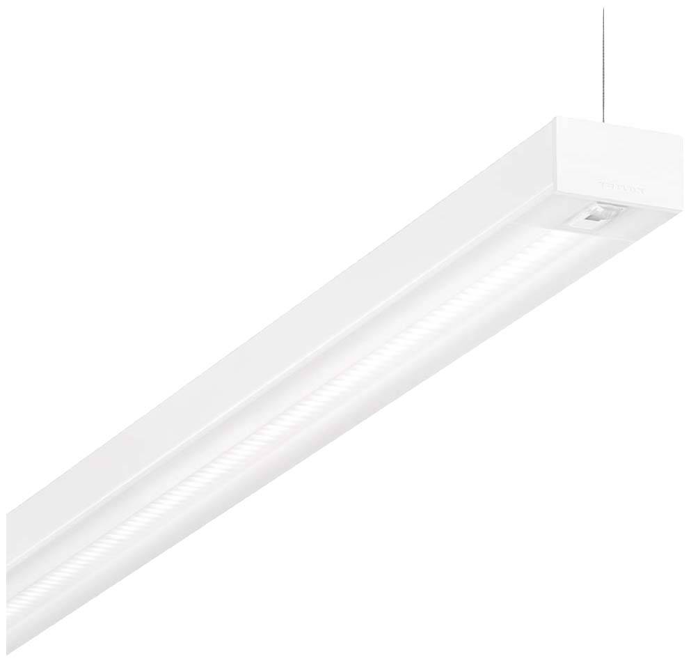 Moderná biela LED stropná lampa obdĺžnikového tvaru visia na kábli.
