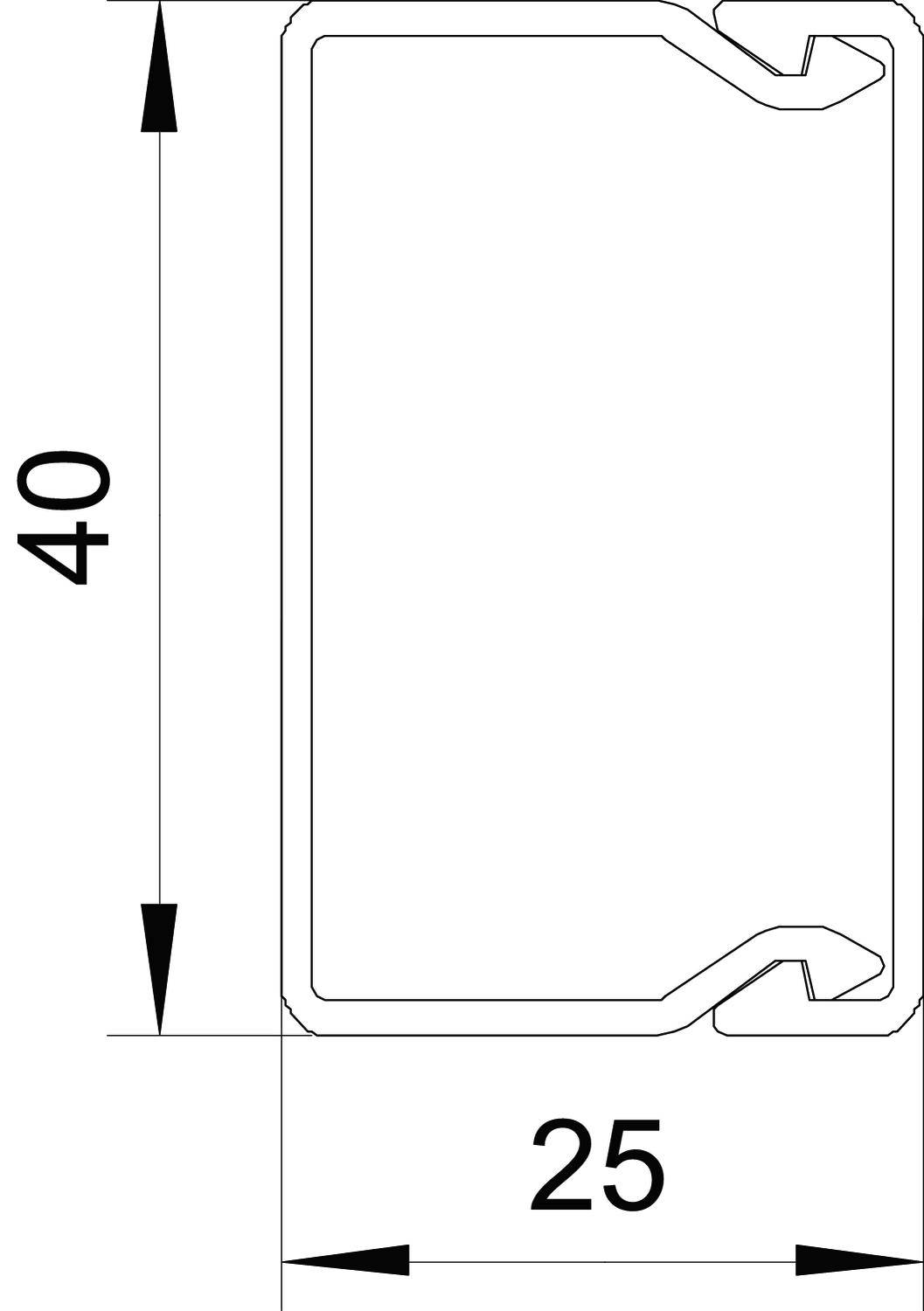 Diagram obdĺžnikového profilu s rozmermi: výška 40 mm, šírka 25 mm. Tvar má zúženia na jednej strane.