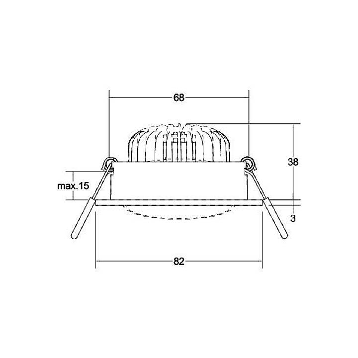 Technický výkres okrúhleho vstavaného svietidla s rozmermi: priemer 82, výška 38, maximálna hĺbka zabudovania 15, zobrazené montážne lišty.