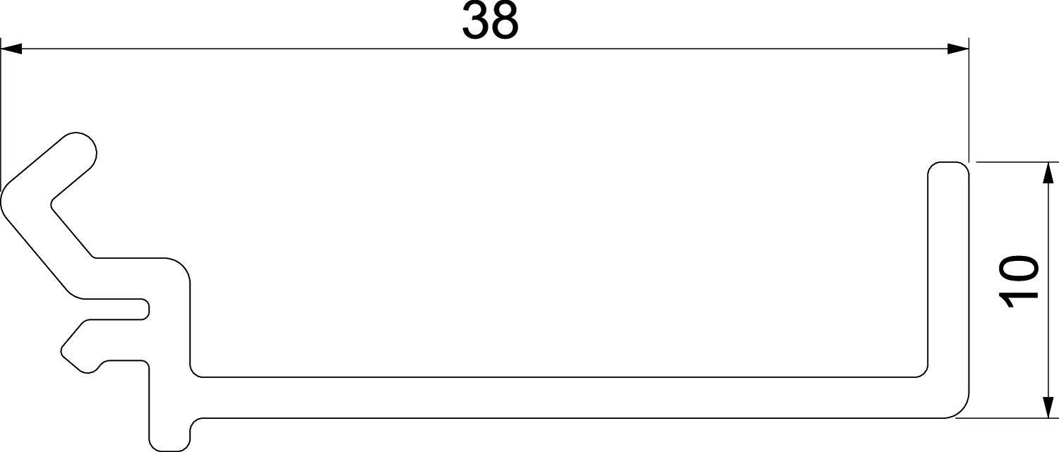 Technický výkres zobrazuje L-profil s rozmermi: dĺžka 38 jednotiek, výška 10 jednotiek.