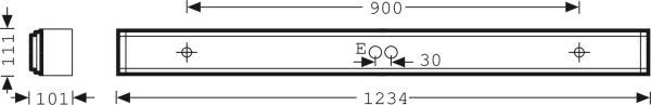 Technický výkres pravouhlého objektu. Rozmery: dĺžka 1234 mm, šírka 101 mm, výška 111 mm. Rozstup otvorov 900 mm, priemer otvoru 30 mm.