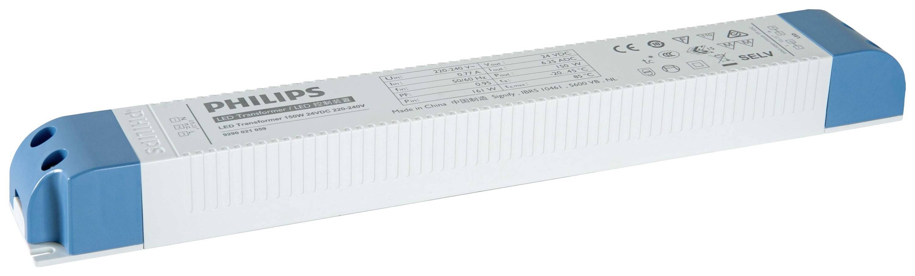 Obdĺžnikové elektrické zariadenie s nápisom 'Philips'. Má modré koncové krytky a technické špecifikácie na hornej strane.