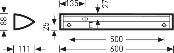 Technický výkres meraného objektu so špicatým koncom vľavo, dĺžky a vzdialenosti v milimetroch: 88, 111, 135, 25, 27, 500 a 600.