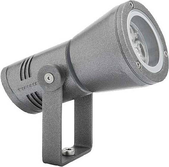 Sivá kovová LED vonkajšia lampa valcovitého tvaru s nastaviteľnou základňou, vhodná na osvetlenie krajiny alebo budov.