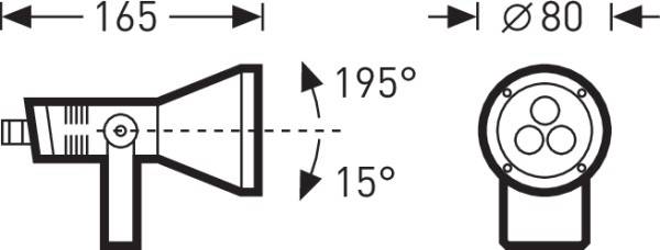 Diagram žiariča s rozmermi: dĺžka 165 mm, priemer 80 mm. Rozsah natáčania od 15° do 195°. Čelný pohľad zobrazuje tri šošovky.