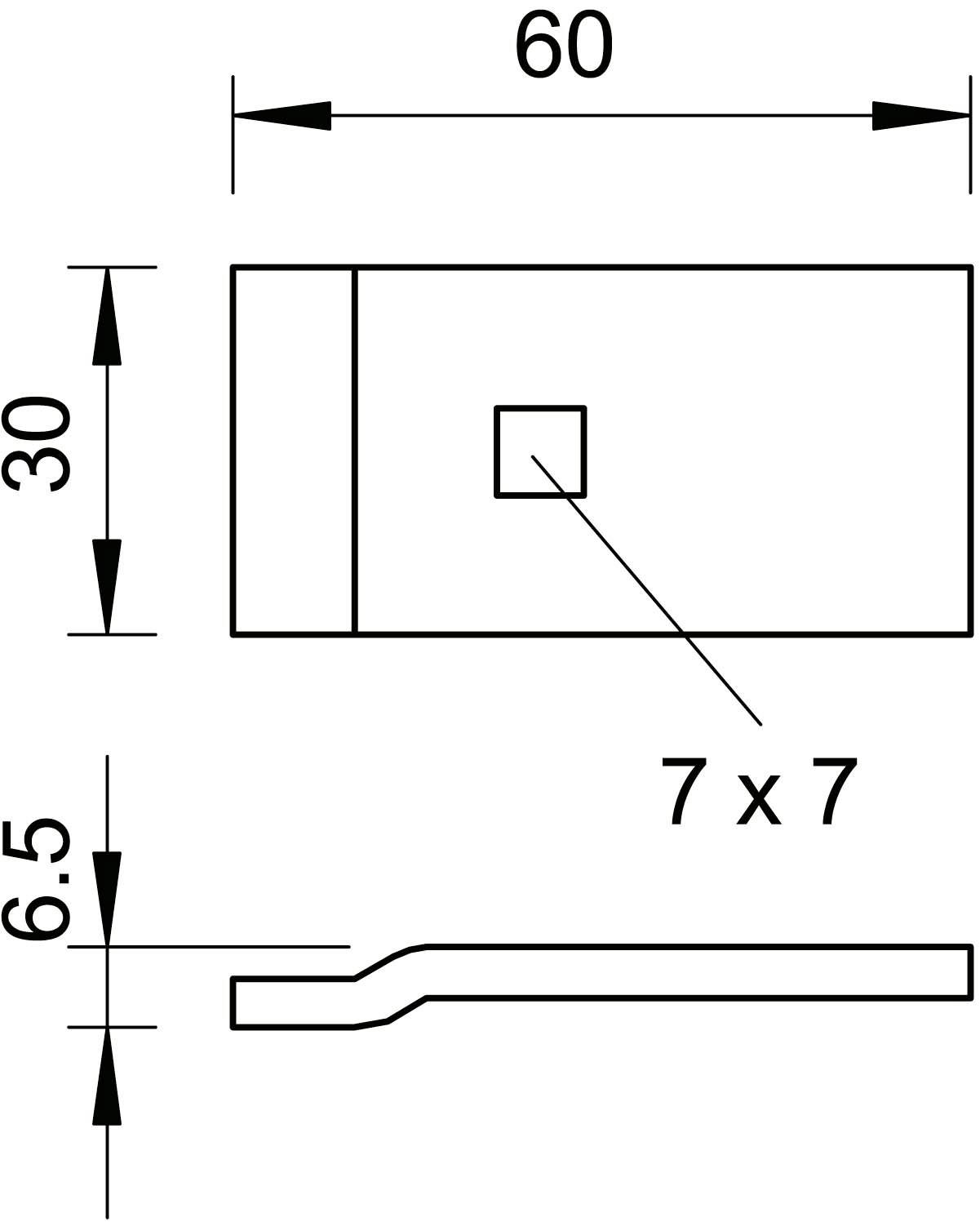 Obrázok zobrazuje technický nákres obdĺžnikového komponentu. Rozmery: 60 x 30 x 6,5 mm. Centrálny štvorec: 7 x 7 mm.