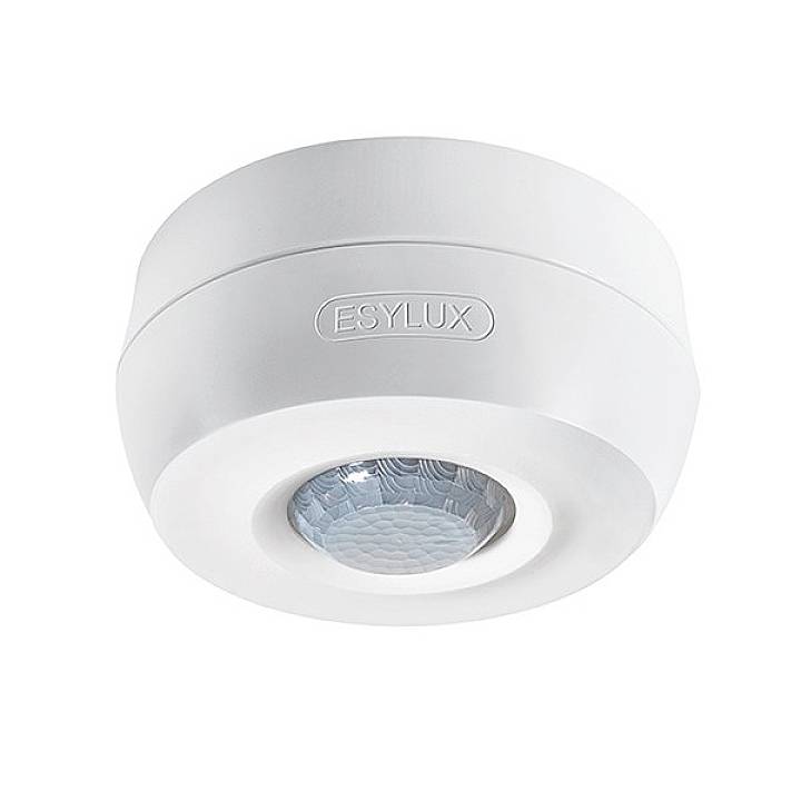 Biely stropný pohybový senzor s nápisom 'ESYLUX' zobrazuje snímač v strede.