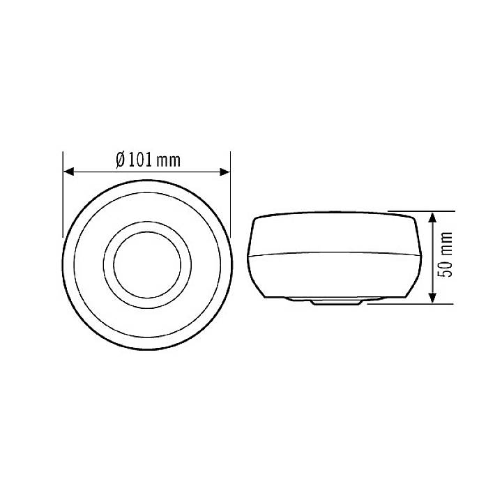 Technický výkres valcovitého objektu. Priemer 101 mm, výška 50 mm. Pohľad zhora a z bočnej strany.
