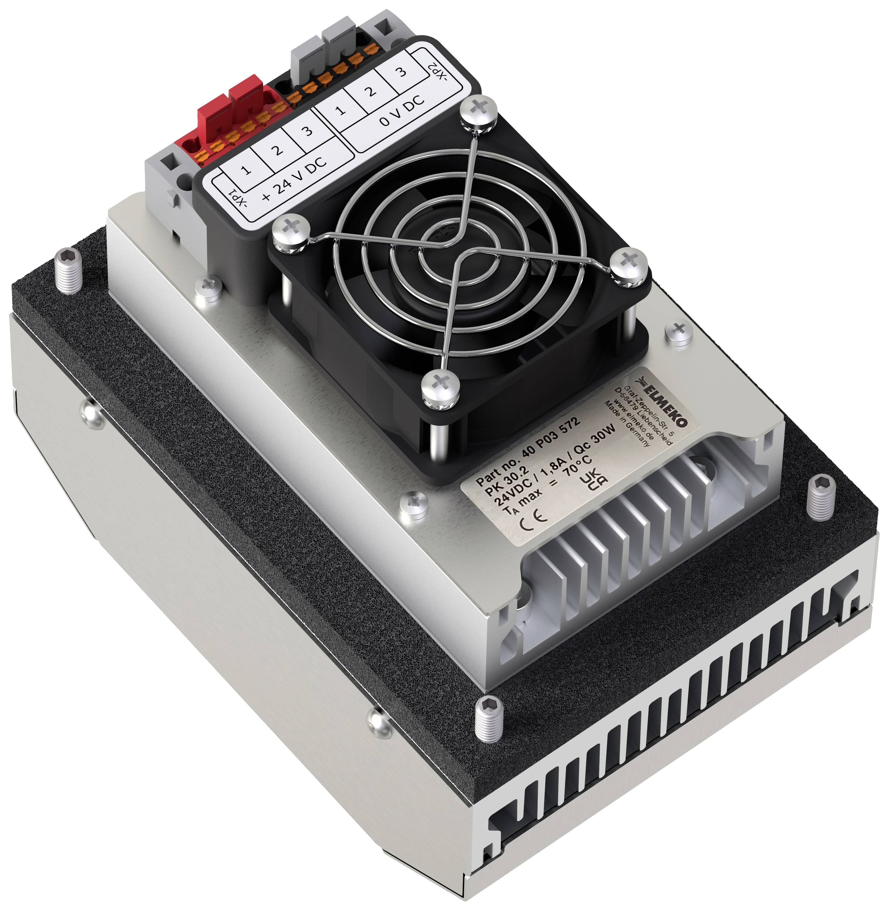 Priemyselné elektronické zariadenie s ventilátorom a popisom pripojení: '+12V DC' a '0V DC'. Vyrobené spoločnosťou ElmaKO.