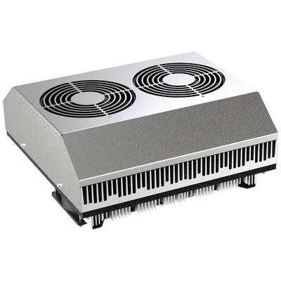 Strieborný chladič s dvoma ventilátormi hore, horizontálne orientovaný. Dizajn pre odvod tepla v elektronických zariadeniach.