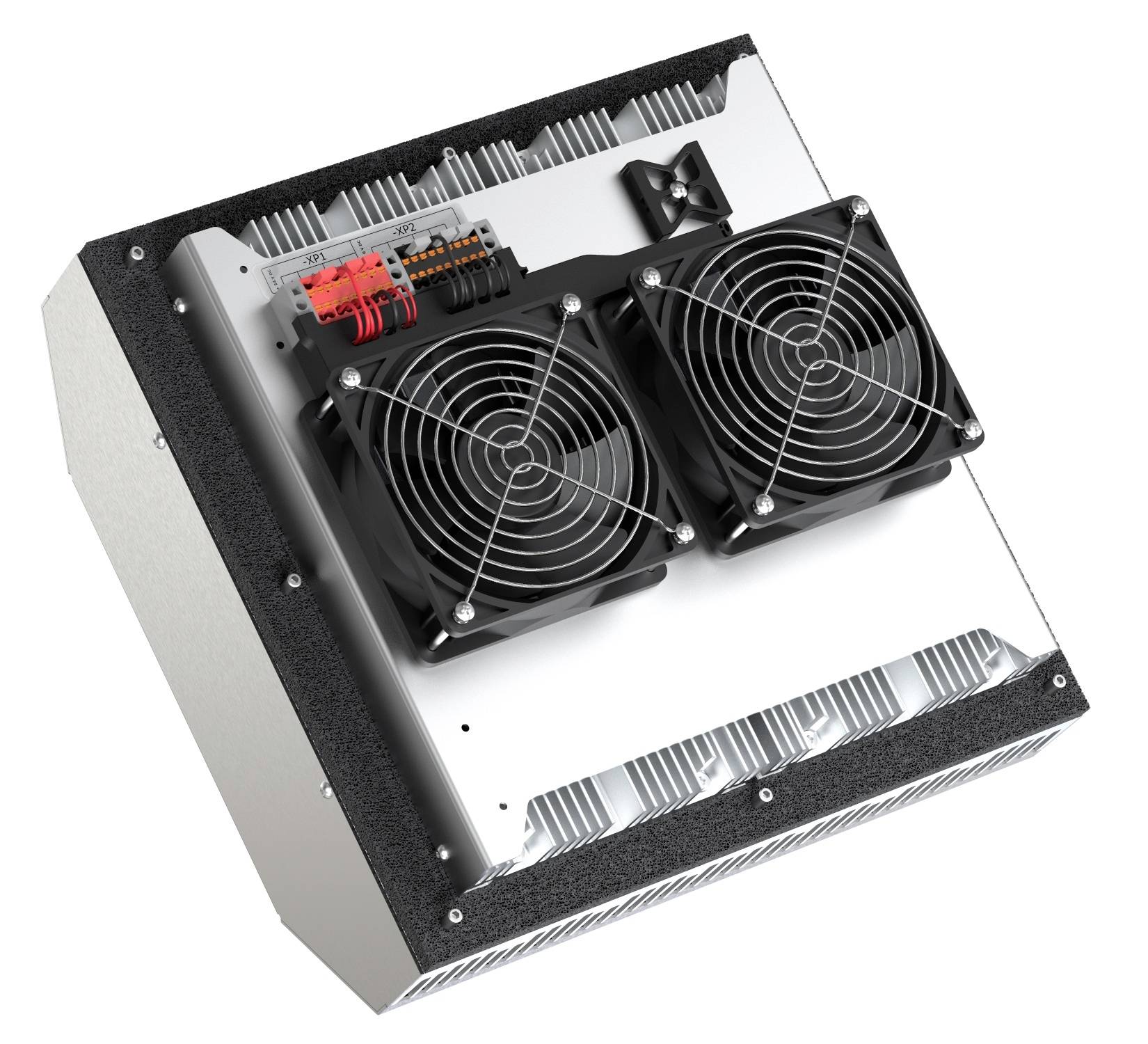 Elektronické chladiace zariadenie s dvoma ventilátormi a červenou elektrickou súčiastkou, ktorá sa používa na odvod tepla.