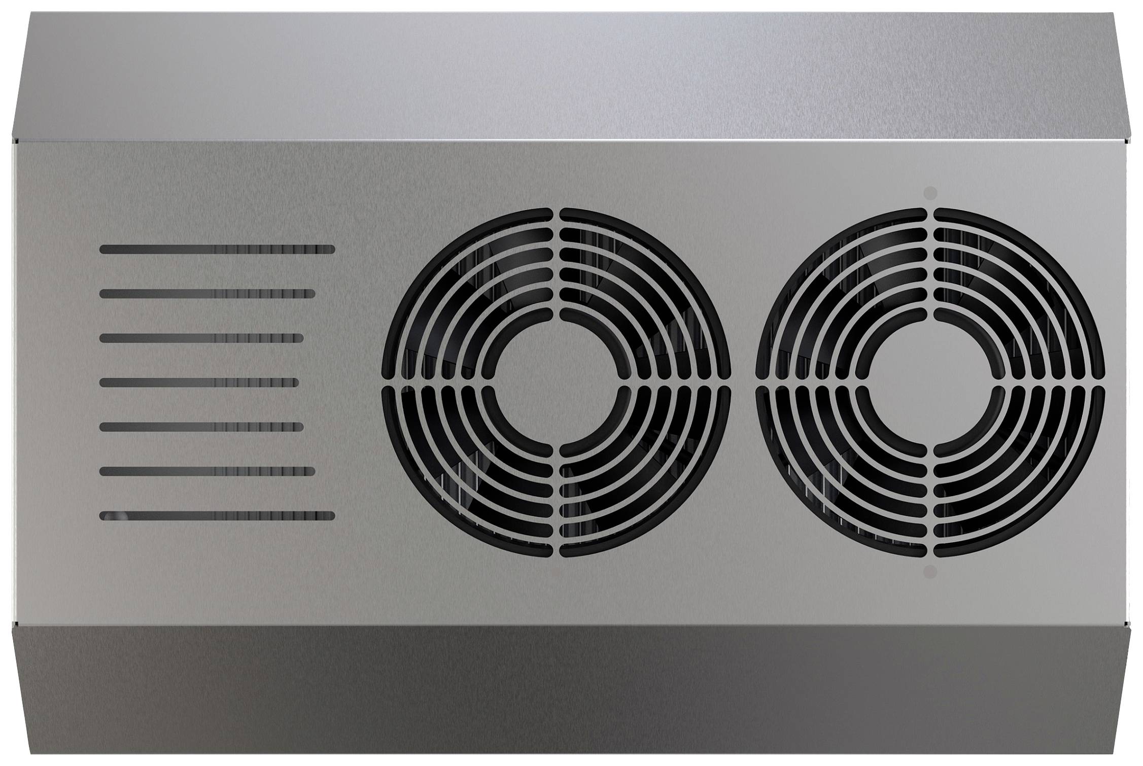 Strieborné, obdĺžnikové ventilačné zariadenie s dvoma veľkými vetracími mriežkami na prednej strane, vhodné pre chladiace alebo vykurovacie systémy.