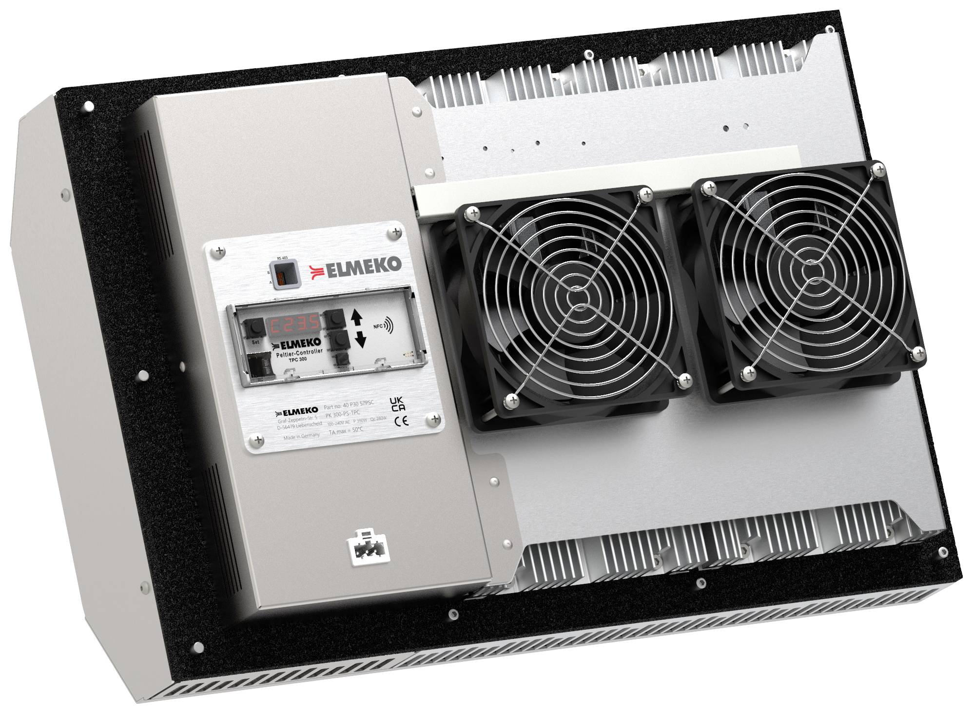 Chladiaca jednotka s dvoma ventilátormi a teplotným displejom od spoločnosti Elmeko. Číslo modelu a technické špecifikácie sú viditeľné na zariadení.