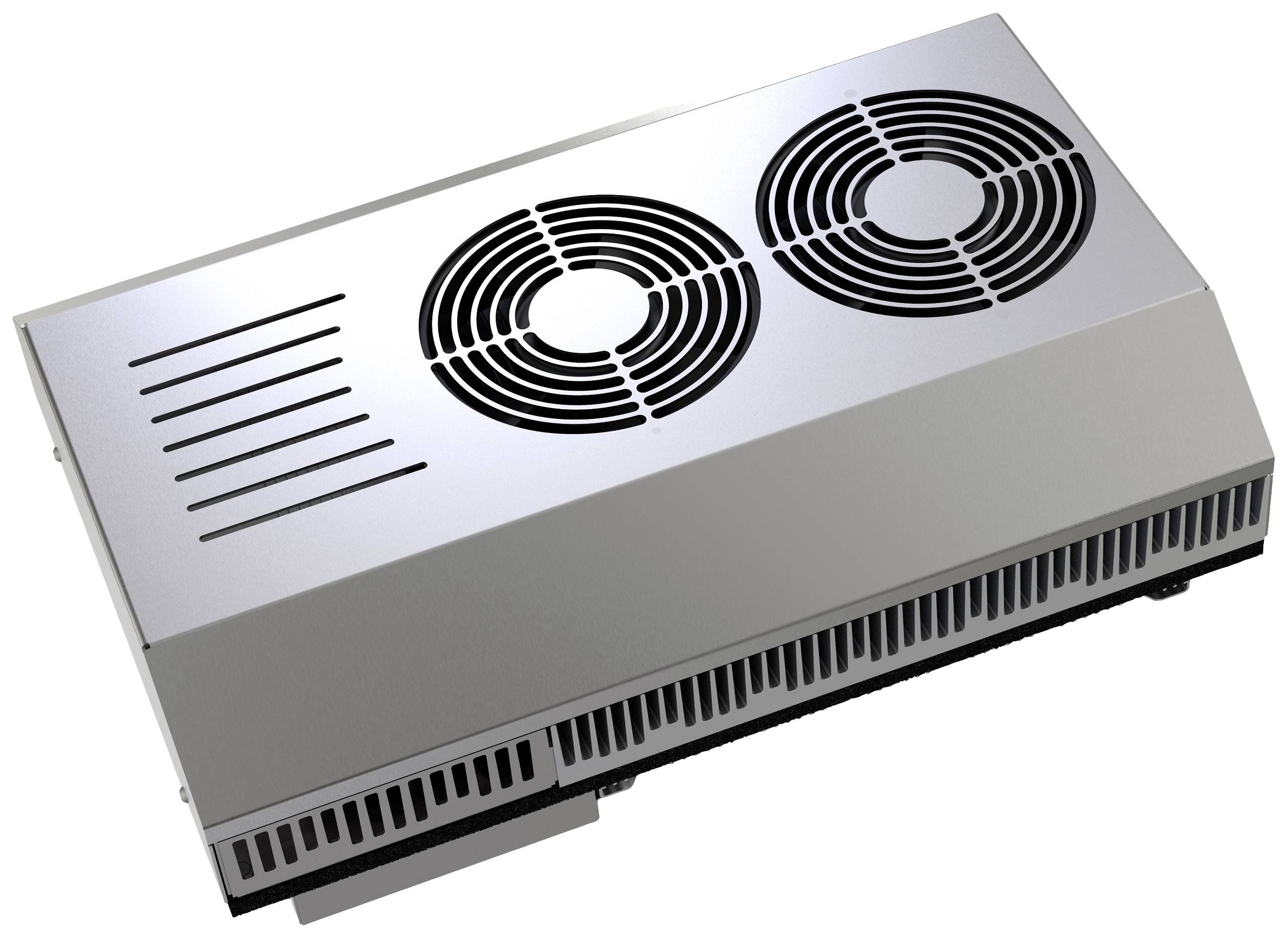 Kovové priemyselné zariadenie s dvoma ventilátormi na hornej strane, pravdepodobne určené na chladenie alebo vetranie v technických prevádzkach.