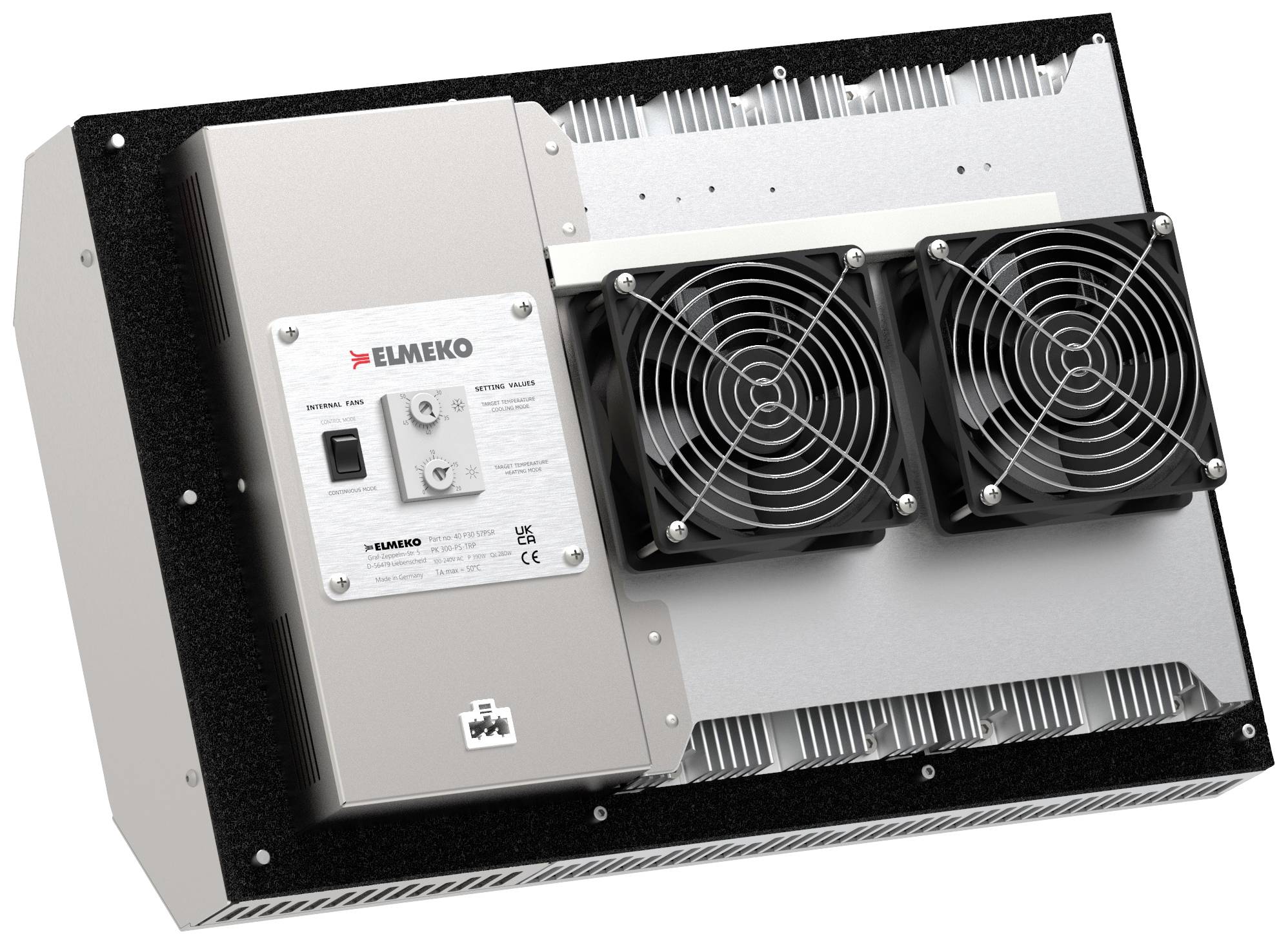 Priemyselný výmenník tepla s dvoma ventilátormi, pripevnený na obdĺžnikovom kovovom kryte. Logo značky a informácie o modeli sú viditeľné.