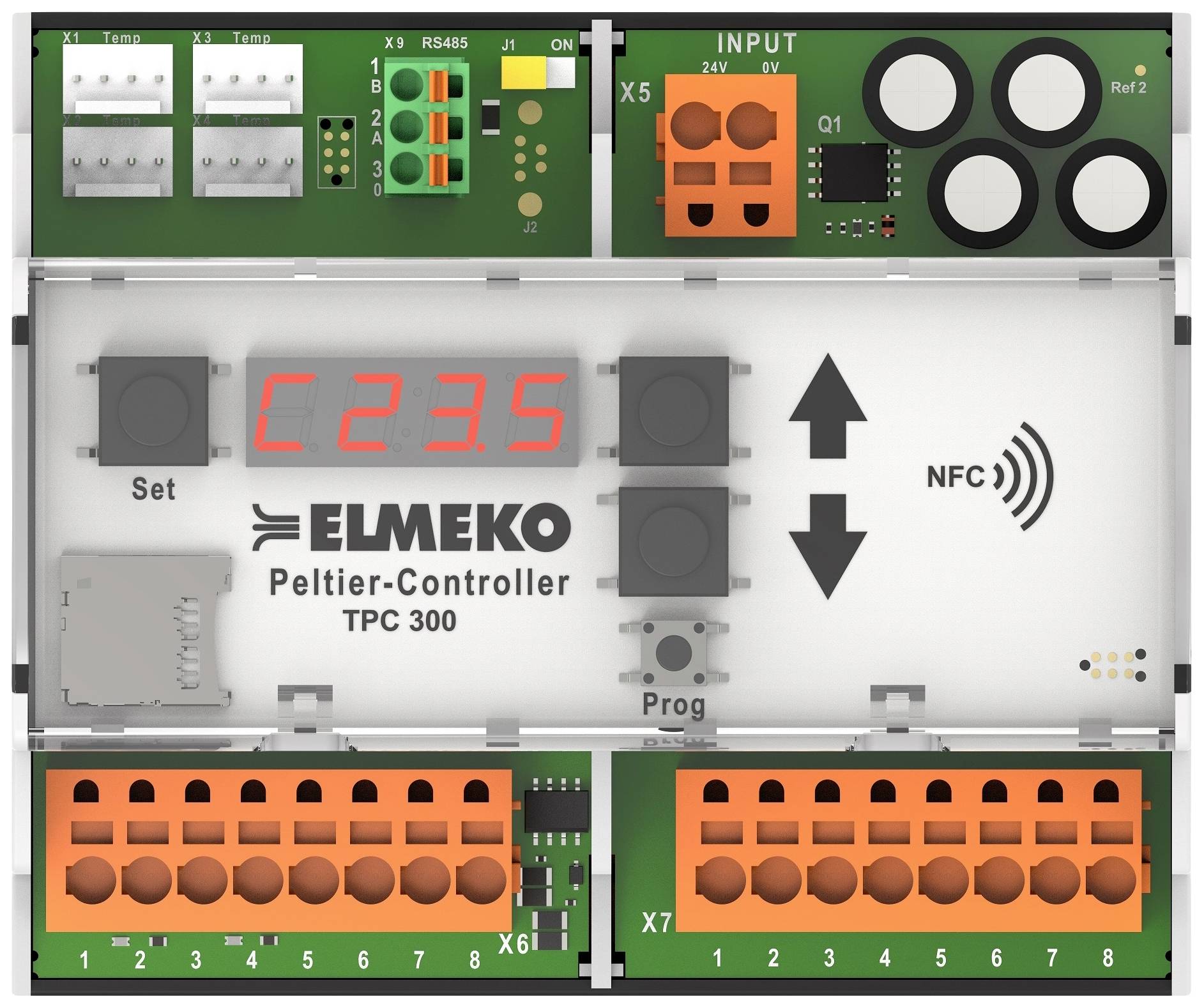 'ELMEKO Peltierov regulátor TPC 300' s digitálnym teplotným displejom '23.5', vstupy pre NFC a rôzne svorky.