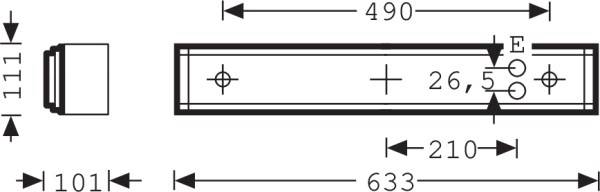 Technický výkres obdĺžnikového kovového nosníka: dĺžka 633 mm, šírka 111 mm, otvor v strede pri 26,5 mm. Označenie pre E.