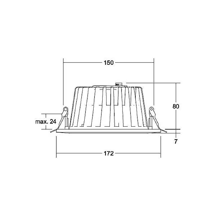Technický výkres vstavaného svietidla. Rozmery: priemer 150 mm, výška 80 mm, maximálna hĺbka zabudovania 24 mm, celkový priemer 172 mm.