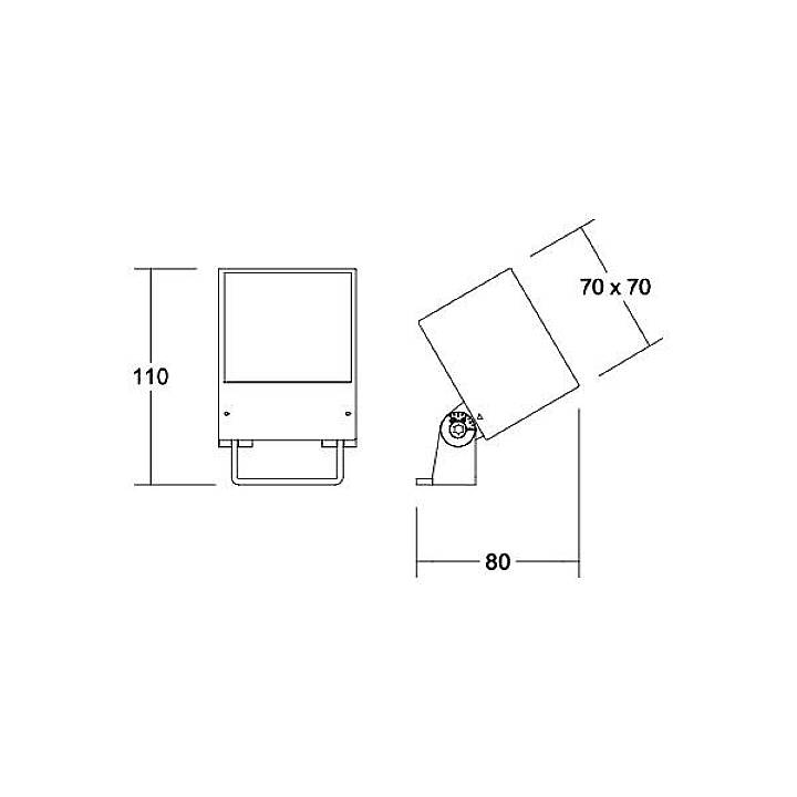 Technický výkres obdĺžnikového LED svetlometu s rozmermi: výška 110 mm, šírka 80 mm, sklon 70 x 70.