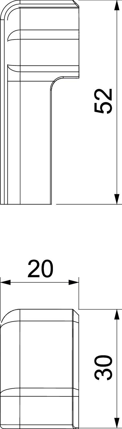 Pohľad z bočnej strany technického profilu so zaoblenými hranami. Rozmery: výška 52 mm, šírka 20 mm, hĺbka 30 mm.